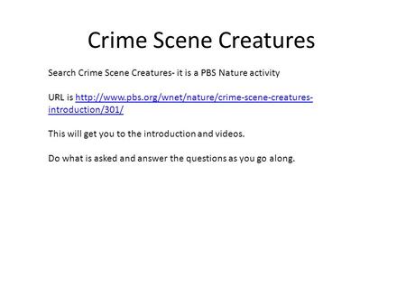 Crime Scene Creatures Search Crime Scene Creatures- it is a PBS Nature activity URL is http://www.pbs.org/wnet/nature/crime-scene-creatures-introduction/301/