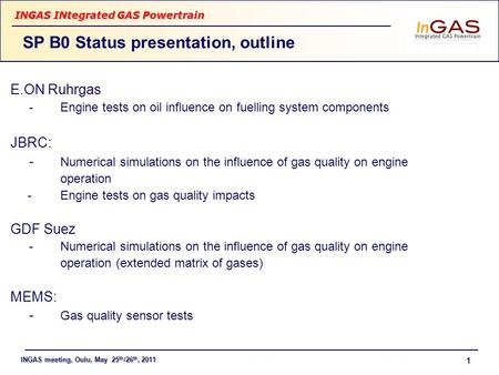 INGAS meeting, Oulu, May 25 th /26 th, 2011 INGAS INtegrated GAS Powertrain 1 SP B0 Status presentation, outline E.ON Ruhrgas - Engine tests on oil influence.