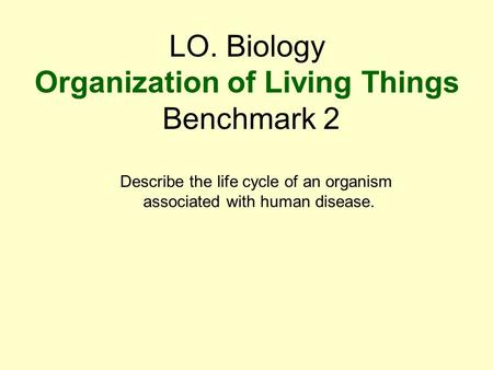 LO. Biology Organization of Living Things Benchmark 2 Describe the life cycle of an organism associated with human disease.