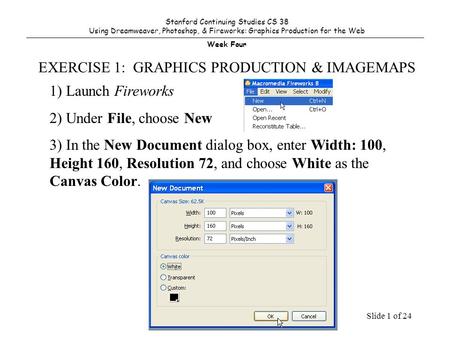Slide 1 of 24 1) Launch Fireworks 2) Under File, choose New 3) In the New Document dialog box, enter Width: 100, Height 160, Resolution 72, and choose.