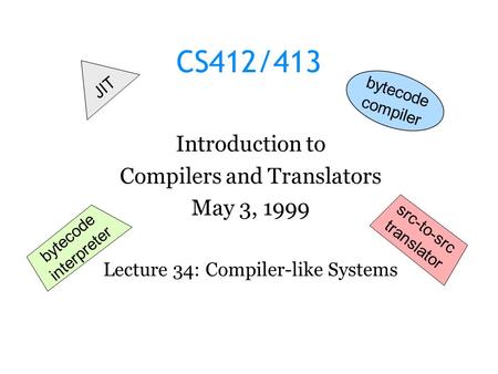 CS412/413 Introduction to Compilers and Translators May 3, 1999 Lecture 34: Compiler-like Systems JIT bytecode interpreter src-to-src translator bytecode.