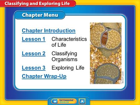 Chapter Menu Chapter Introduction Lesson 1Lesson 1Characteristics of Life Lesson 2Lesson 2Classifying Organisms Lesson 3Lesson 3Exploring Life Chapter.