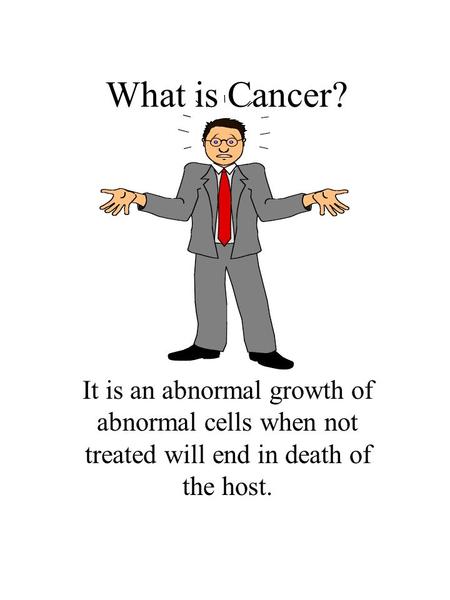 What is Cancer? It is an abnormal growth of abnormal cells when not treated will end in death of the host.