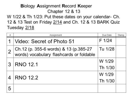 Biology Assignment Record Keeper Chapter 12 & 13 W 1/22 & Th 1/23: Put these dates on your calendar- Ch. 12 & 13 Test on Friday 2/14 and Ch. 12 & 13 BARK.
