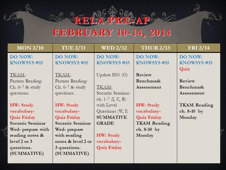 RELA PRE-AP FEBRUARY 10-14, 2014 MON 2/10TUE 2/11WED 2/12THUR 2/13FRI 2/14 DO NOW: KNOWSYS #15 TKAM- Partner Reading- Ch. 6-7 & study questions. HW: Study.