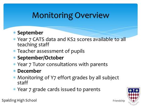  September  Year 7 CATS data and KS2 scores available to all teaching staff  Teacher assessment of pupils  September/October  Year 7 Tutor consultations.