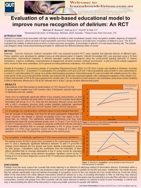 Evaluation of a web-based educational model to improve nurse recognition of delirium: An RCT McCrow J 1, Beattie E 1, Sullivan K.A. 1, Fick D 2 & Park.