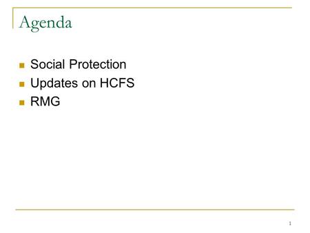 Agenda Social Protection Updates on HCFS RMG 1. 2 Health Financing Strategy Implementation Plan Updates Presented by WHO HF DP Meeting 03 November 2013.