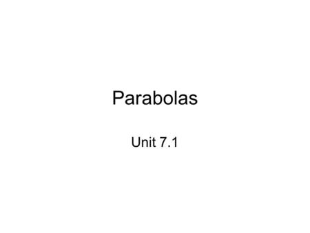 Parabolas Unit 7.1. Conics When the plane cuts a cone at a right angle 4 types: