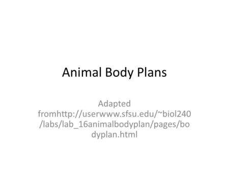 Animal Body Plans Adapted fromhttp://userwww.sfsu.edu/~biol240 /labs/lab_16animalbodyplan/pages/bo dyplan.html.