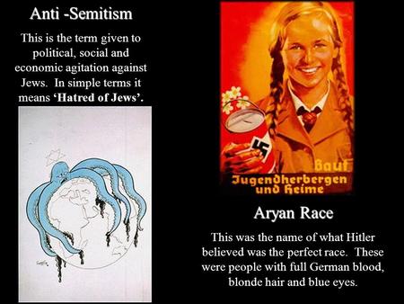 Anti -Semitism This is the term given to political, social and economic agitation against Jews. In simple terms it means ‘Hatred of Jews’. Aryan Race.