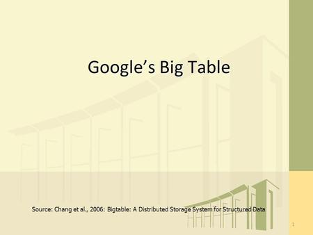 Google’s Big Table 1 Source: Chang et al., 2006: Bigtable: A Distributed Storage System for Structured Data.