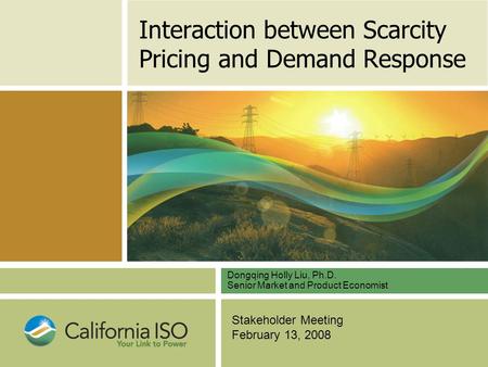 Stakeholder Meeting February 13, 2008 Interaction between Scarcity Pricing and Demand Response Dongqing Holly Liu, Ph.D. Senior Market and Product Economist.