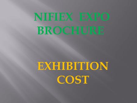 NIFIEX EXPO BROCHURE EXHIBITION COST. SHELL SCHEME - N200,000 9 SQR. METRES PARTIONING COMPANY NAME ON FASCIA 1 TABLE 2 CHAIRS 1 SOCKET FOR ELECTRICAL.