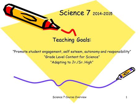 Science 7 Course Overview1 Science 7 2014-2015 Teaching Goals: “Promote student engagement, self esteem, autonomy and responsibility” “Grade Level Content.