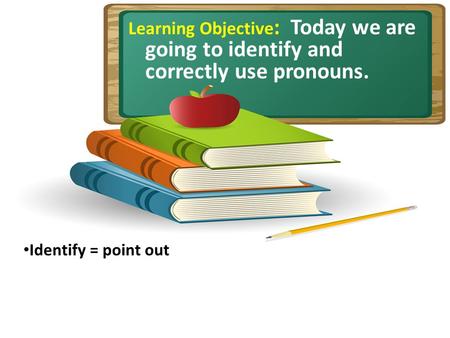 Learning Objective : Today we are going to identify and correctly use pronouns. Identify = point out.