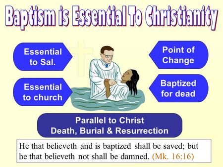 Essential to Sal. He that believeth and is baptized shall be saved; but he that believeth not shall be damned. (Mk. 16:16) Essential to church Parallel.