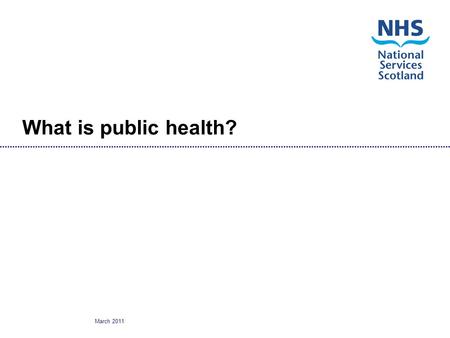 March 2011 What is public health?. March 2011 Public health What is it? Who works in or contributes to public health? How is it organised? Main functions.