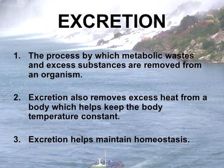 EXCRETION 1.The process by which metabolic wastes and excess substances are removed from an organism. 2.Excretion also removes excess heat from a body.