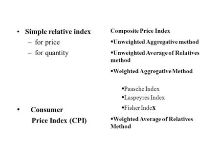 Composite Price Index  Unweighted Aggregative method  Unweighted Average of Relatives method  Weighted Aggregative Method  Paasche Index  Laspeyres.