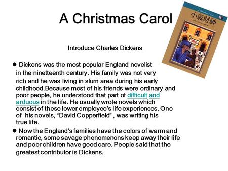 A Christmas Carol Introduce Charles Dickens Dickens was the most popular England novelist in the ninetteenth century. His family was not very rich and.