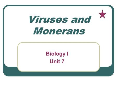 Viruses and Monerans Biology I Unit 7. Your Name One-celled Monerans that contain chlorophyll Blue-green algae.