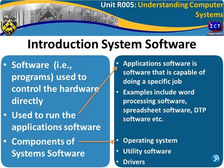 Unit R005: Understanding Computer Systems Introduction System Software Software (i.e., programs) used to control the hardware directly Used to run the.