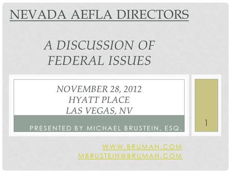 PRESENTED BY MICHAEL BRUSTEIN, ESQ.  NEVADA AEFLA DIRECTORS A DISCUSSION OF FEDERAL ISSUES NOVEMBER 28, 2012 HYATT PLACE.