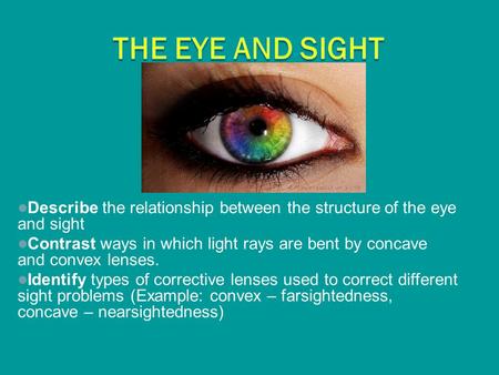 The Eye and Sight Describe the relationship between the structure of the eye and sight Contrast ways in which light rays are bent by concave and convex.