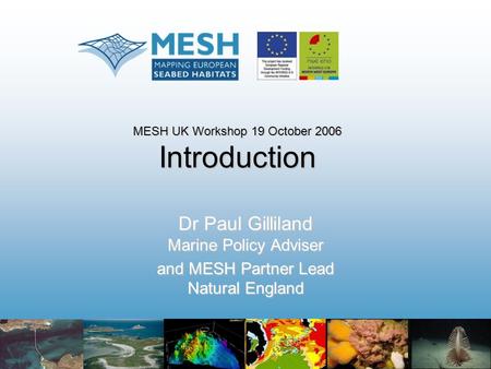 MESH UK Workshop 19 October 2006 Introduction Dr Paul Gilliland Marine Policy Adviser and MESH Partner Lead Natural England.
