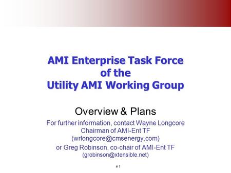# 1 AMI Enterprise Task Force of the Utility AMI Working Group Overview & Plans For further information, contact Wayne Longcore Chairman of AMI-Ent TF.