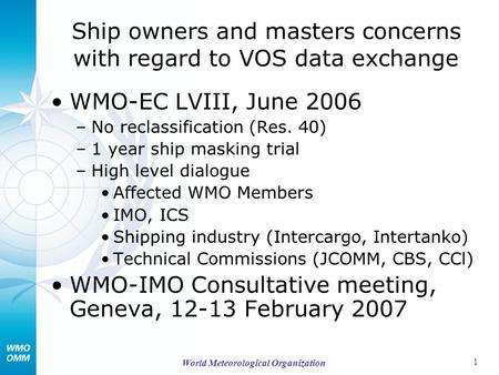 1 World Meteorological Organization Ship owners and masters concerns with regard to VOS data exchange WMO-EC LVIII, June 2006 –No reclassification (Res.