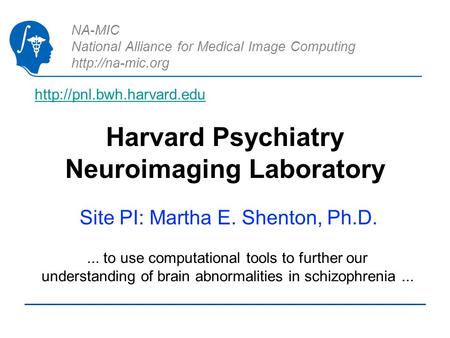 NA-MIC National Alliance for Medical Image Computing  Harvard Psychiatry Neuroimaging Laboratory Site PI: Martha E. Shenton, Ph.D....