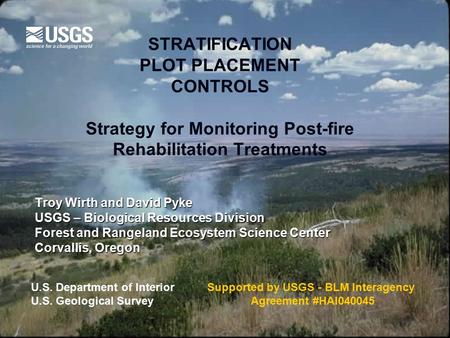 STRATIFICATION PLOT PLACEMENT CONTROLS Strategy for Monitoring Post-fire Rehabilitation Treatments Troy Wirth and David Pyke USGS – Biological Resources.
