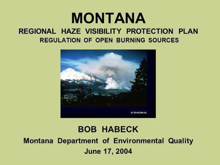 MONTANA REGIONAL HAZE VISIBILITY PROTECTION PLAN REGULATION OF OPEN BURNING SOURCES BOB HABECK Montana Department of Environmental Quality June 17, 2004.