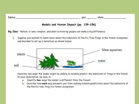 1. Suppose you wanted to learn more about the behaviors of Pacific Tree Frogs in the forest ecosystem, and decided to set up a terrarium as shown below: