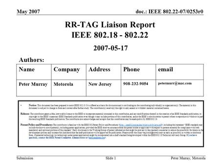 Doc.: IEEE 802.22-07/0253r0 Submission May 2007 Peter Murray, MotorolaSlide 1 RR-TAG Liaison Report IEEE 802.18 - 802.22 Notice: This document has been.