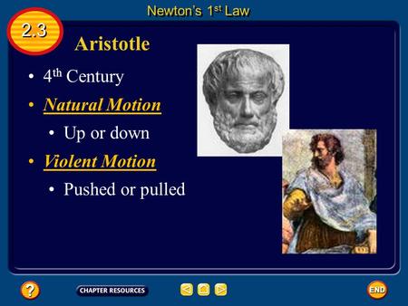 Aristotle 4 th Century Natural Motion Up or down Violent Motion Pushed or pulled 2.3 Newton’s 1 st Law.