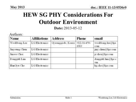 Submission doc.: IEEE 11-13/0536r0 May 2013 Wookbong Lee, LG ElectronicsSlide 1 HEW SG PHY Considerations For Outdoor Environment Date: 2013-05-12 Authors: