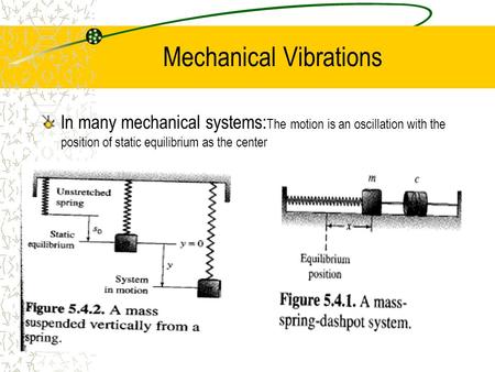 Mechanical Vibrations In many mechanical systems: The motion is an oscillation with the position of static equilibrium as the center.