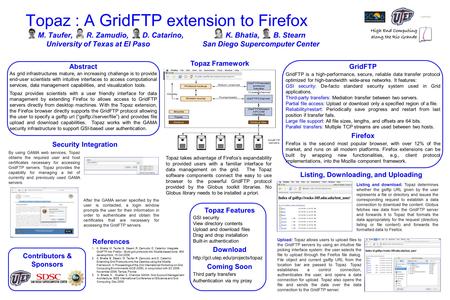 Topaz : A GridFTP extension to Firefox M. Taufer, R. Zamudio, D. Catarino, K. Bhatia, B. Stearn University of Texas at El Paso San Diego Supercomputer.