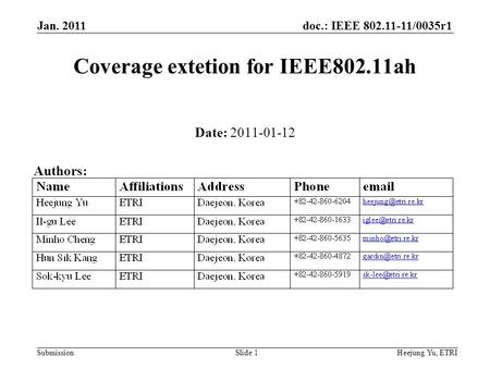 Doc.: IEEE 802.11-11/0035r1 Submission Jan. 2011 Heejung Yu, ETRISlide 1 Coverage extetion for IEEE802.11ah Date: 2011-01-12 Authors: