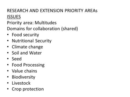 RESEARCH AND EXTENSION PRIORITY AREAs ISSUES Priority area: Multitudes Domains for collaboration (shared) Food security Nutritional Security Climate change.