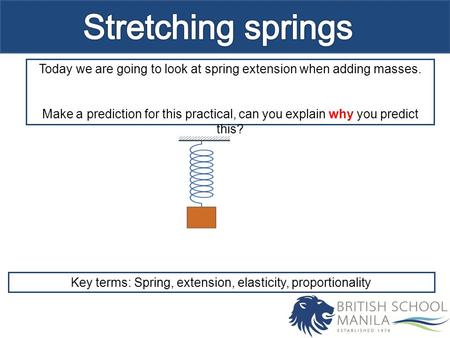 Today we are going to look at spring extension when adding masses. Make a prediction for this practical, can you explain why you predict this? Key terms: