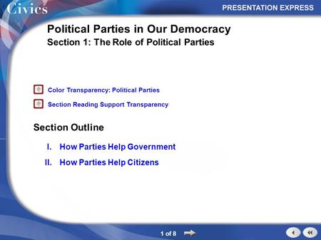 Section Outline 1 of 8 Political Parties in Our Democracy Section 1: The Role of Political Parties I.How Parties Help Government II.How Parties Help Citizens.