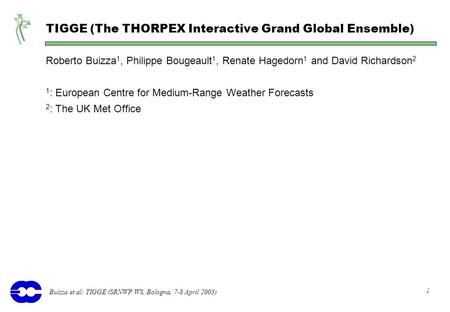 1 Buizza et al: TIGGE (SRNWP WS, Bologna, 7-8 April 2005) TIGGE (The THORPEX Interactive Grand Global Ensemble) Roberto Buizza 1, Philippe Bougeault 1,