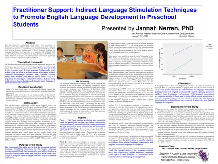 Practitioner Support: Indirect Language Stimulation Techniques to Promote English Language Development in Preschool Students Research Team: Drs. Carolyn.