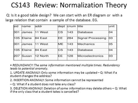 CS143 Review: Normalization Theory Q: Is it a good table design? We can start with an ER diagram or with a large relation that contain a sample of the.