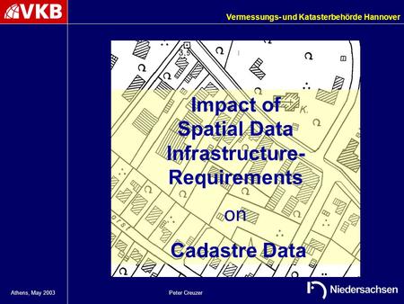 Vermessungs- und Katasterbehörde Hannover Athens, May 2003 Impact of Spatial Data Infrastructure- Requirements on Cadastre Data Peter Creuzer.