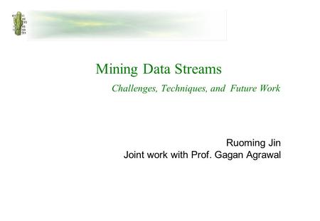 Mining Data Streams Challenges, Techniques, and Future Work Ruoming Jin Joint work with Prof. Gagan Agrawal.